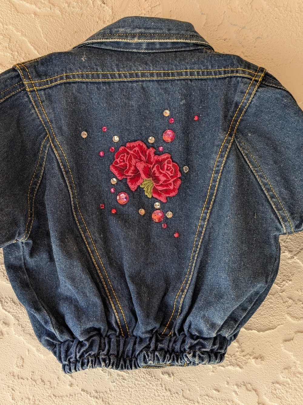 Vintage Embroidered Pink Rose Denim Jacket